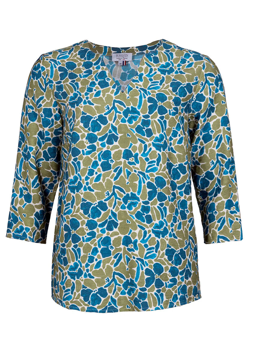Blouse femme viscose floral bleu paon