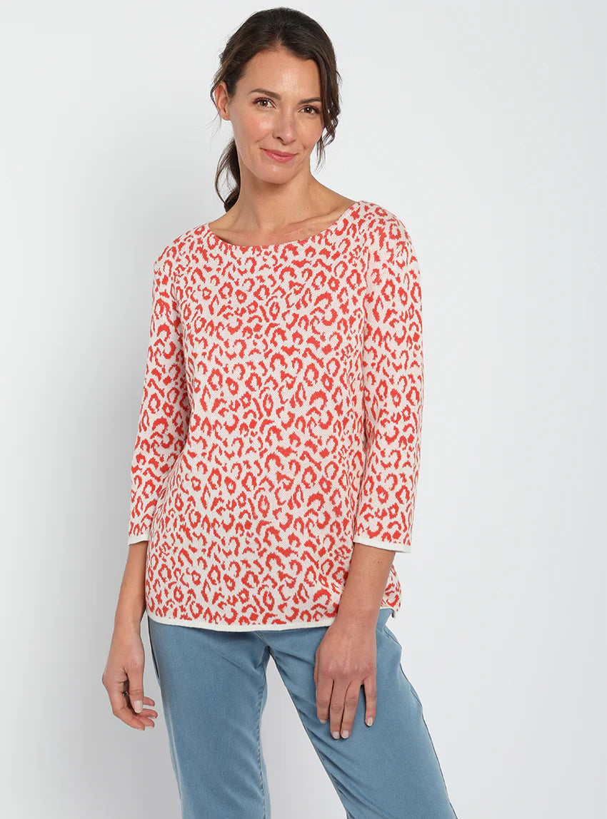 Pull femme jacquard léopard orange terracotta