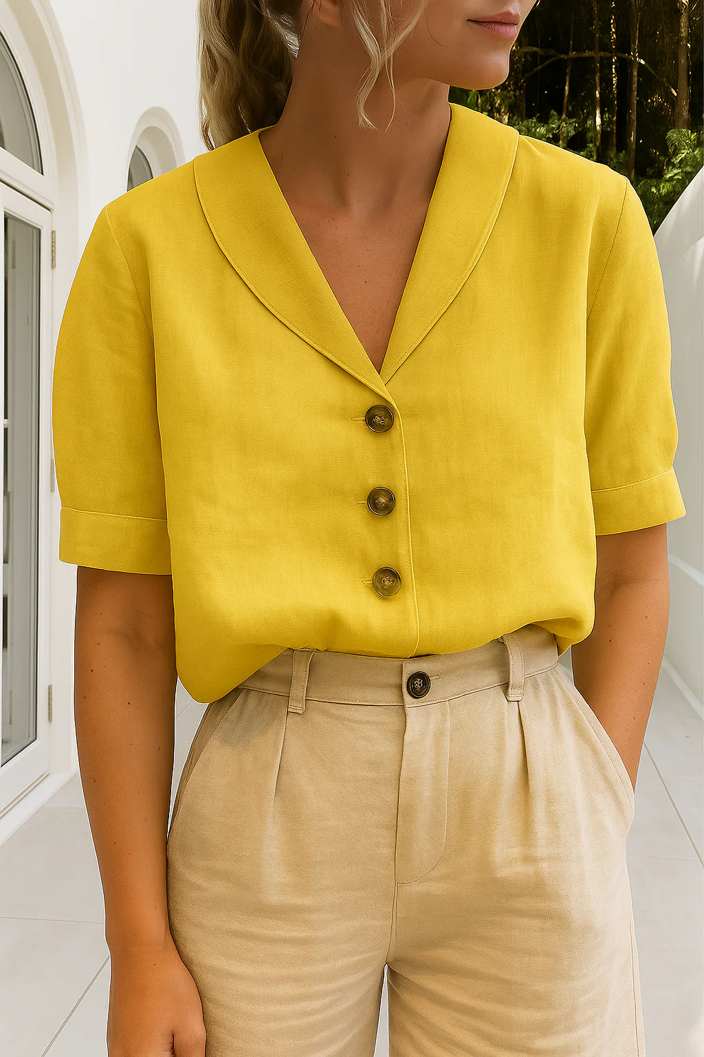 Blouse femme manches courtes avec col foulard et détails à boutons