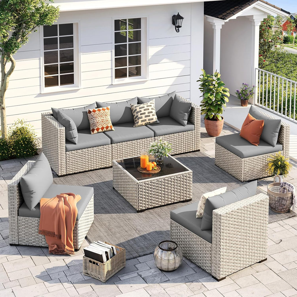 UDPATIO Outdoor Patio Furniture Set 7-Piece PE Wicker Sectional Sofa Outdoor Conversation Set
