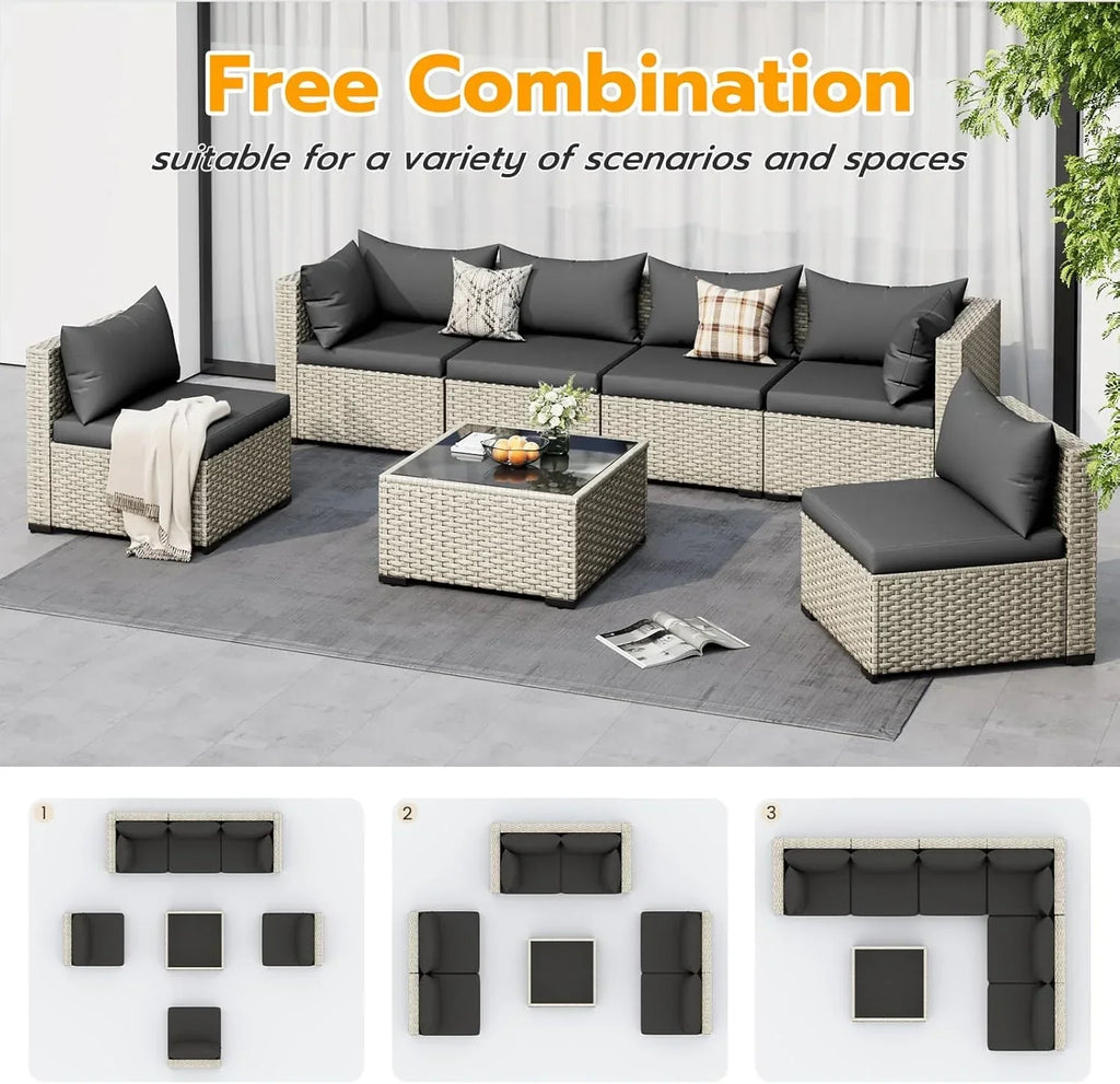 UDPATIO Outdoor Patio Furniture Set 7-Piece PE Wicker Sectional Sofa Outdoor Conversation Set