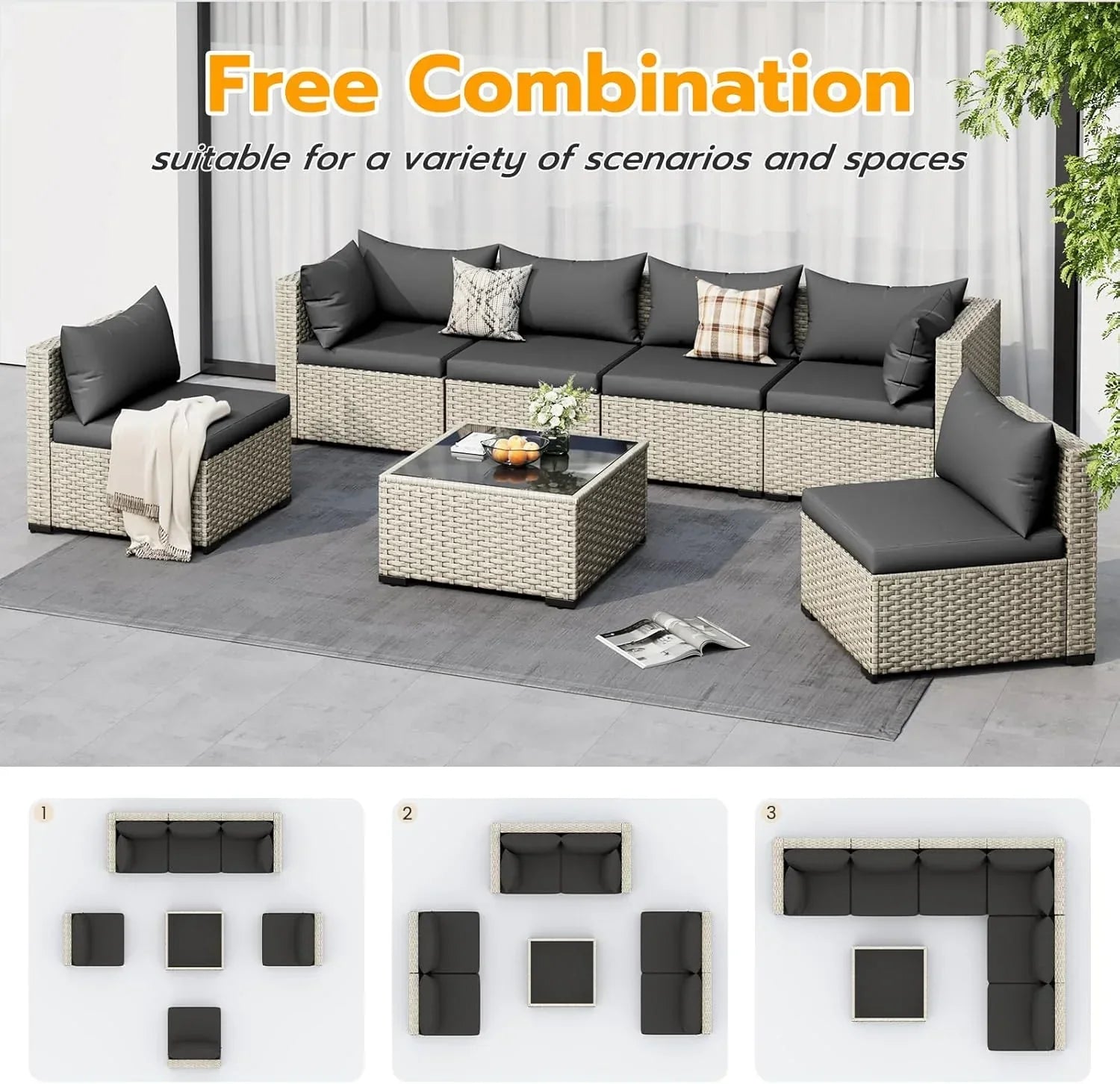 UDPATIO Outdoor Patio Furniture Set 7-Piece PE Wicker Sectional Sofa Outdoor Conversation Set