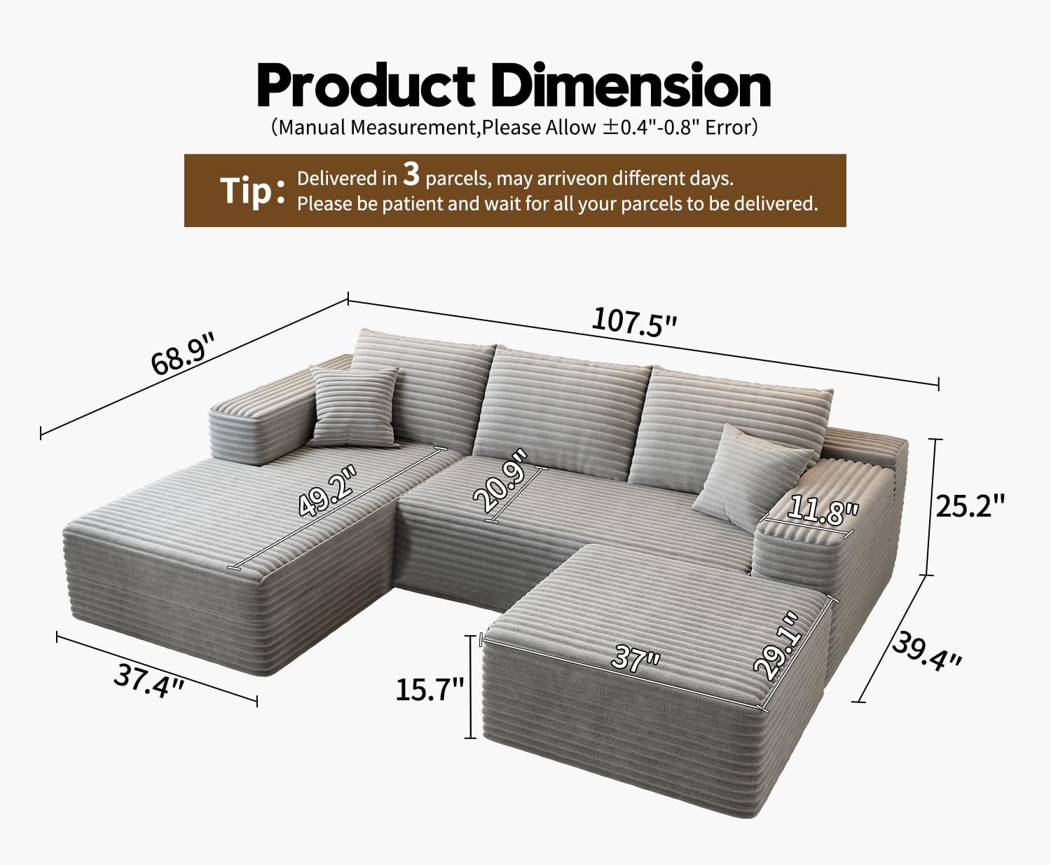 107.5 Cloud Modular Sectional Sofa Couch with L-Shape Chaise,Modern Minimalist Upholstered Couches for Living Room Bedroom,Deep Seat Corner Couch，No Assembly Required (Black,Left Facing Chaise)
