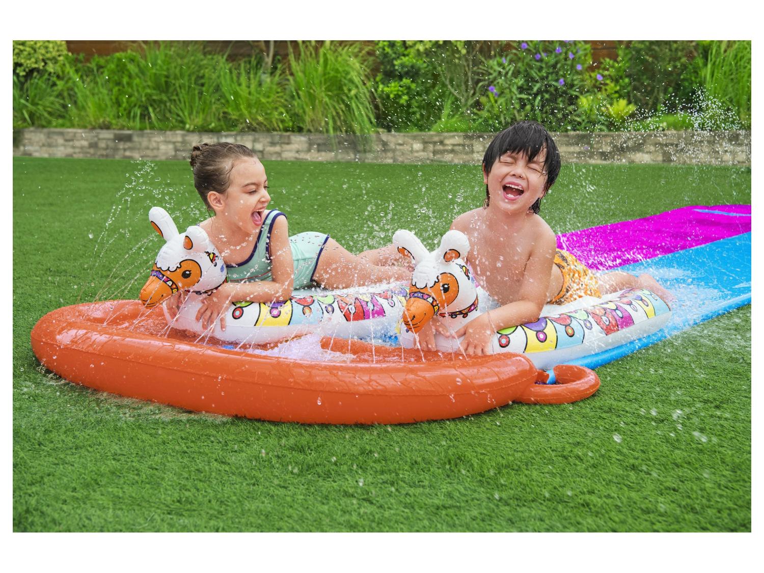 Bestway Double toboggan aquatique avec animaux gonflables, 487 x 138cm