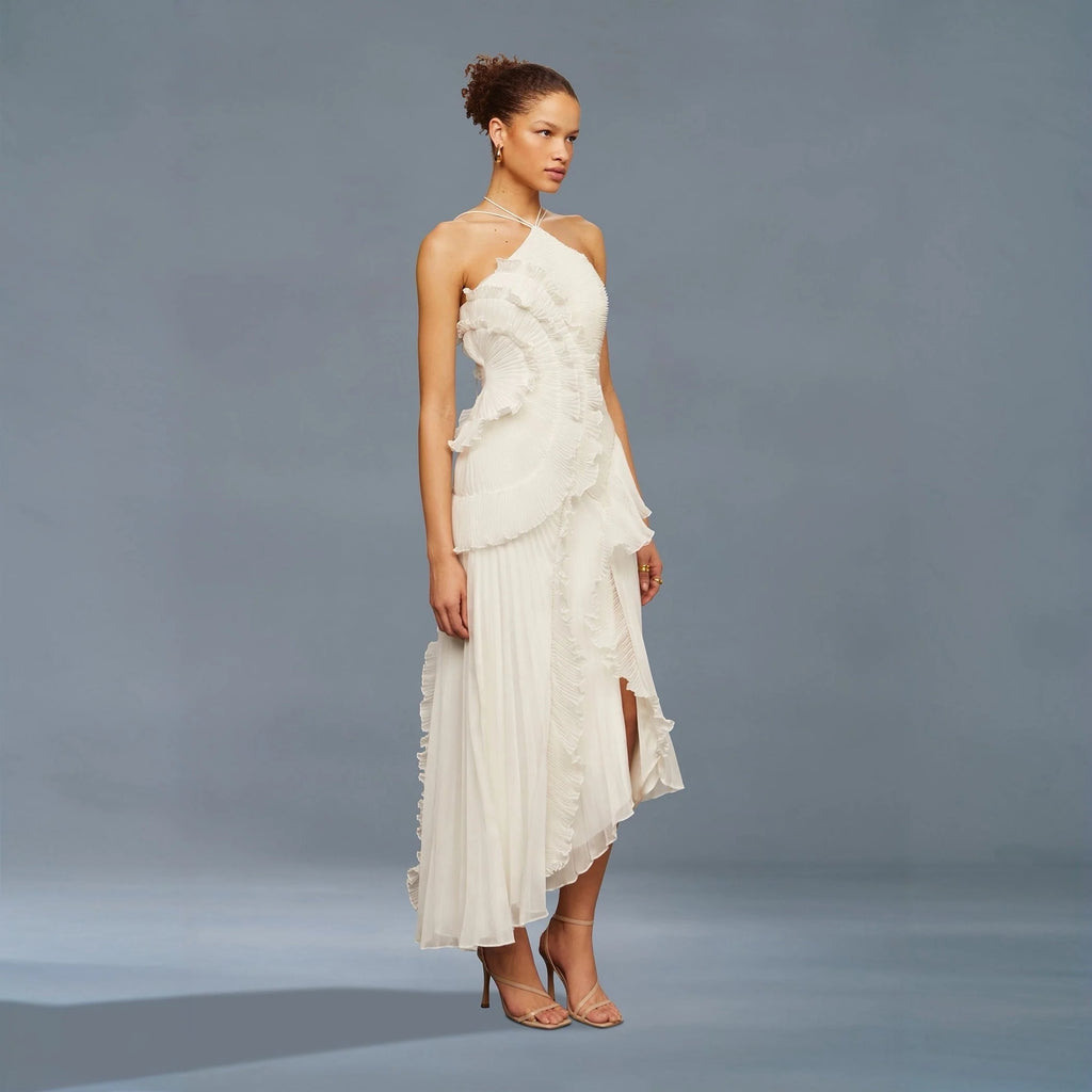 Robe mi-longue plissée blanche en forme de rose thé pour femmes