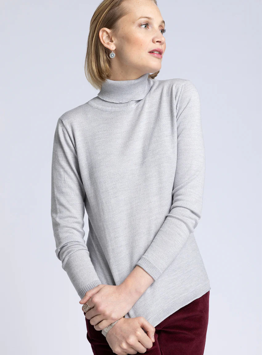 Pull femme col roulé en laine mérinos gris givré