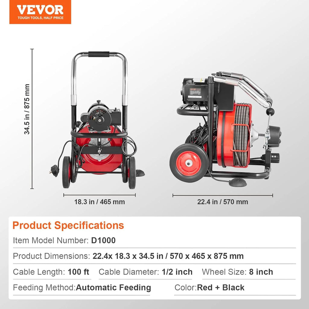 Drain Cleaner Machine 100FT x 1/2 Inch, Auto Feed Sewer Snake Auger on Wheels, 550W Portable Drain Cleaning Machine with 8 Cutters & Air-activated Foot Switch for 2 to 4 Pipes