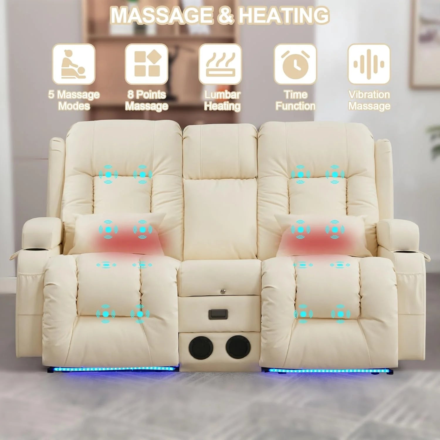 TUNYI Power Loveseat Recliner Sofa with Massage & Heat Home Theater Seating with Console Electric Recliner RV Sofa with USB/Outlet/Storage/Side Pocket/LED Light/Speaker (Brown, Loveseat)
