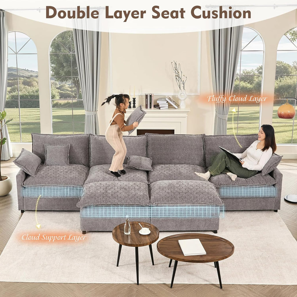 108 U Shaped Couch, Modular Sectional Sofa, 3-Seater Comfy Cloud Couch with Movable Ottoman, Deep Seat Couches for Living Room, Chenille, Slate