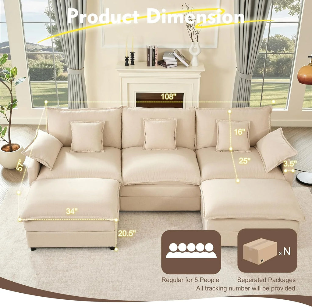108 U Shaped Couch, Modular Sectional Sofa, 3-Seater Comfy Cloud Couch with Movable Ottoman, Deep Seat Couches for Living Room, Chenille, Slate