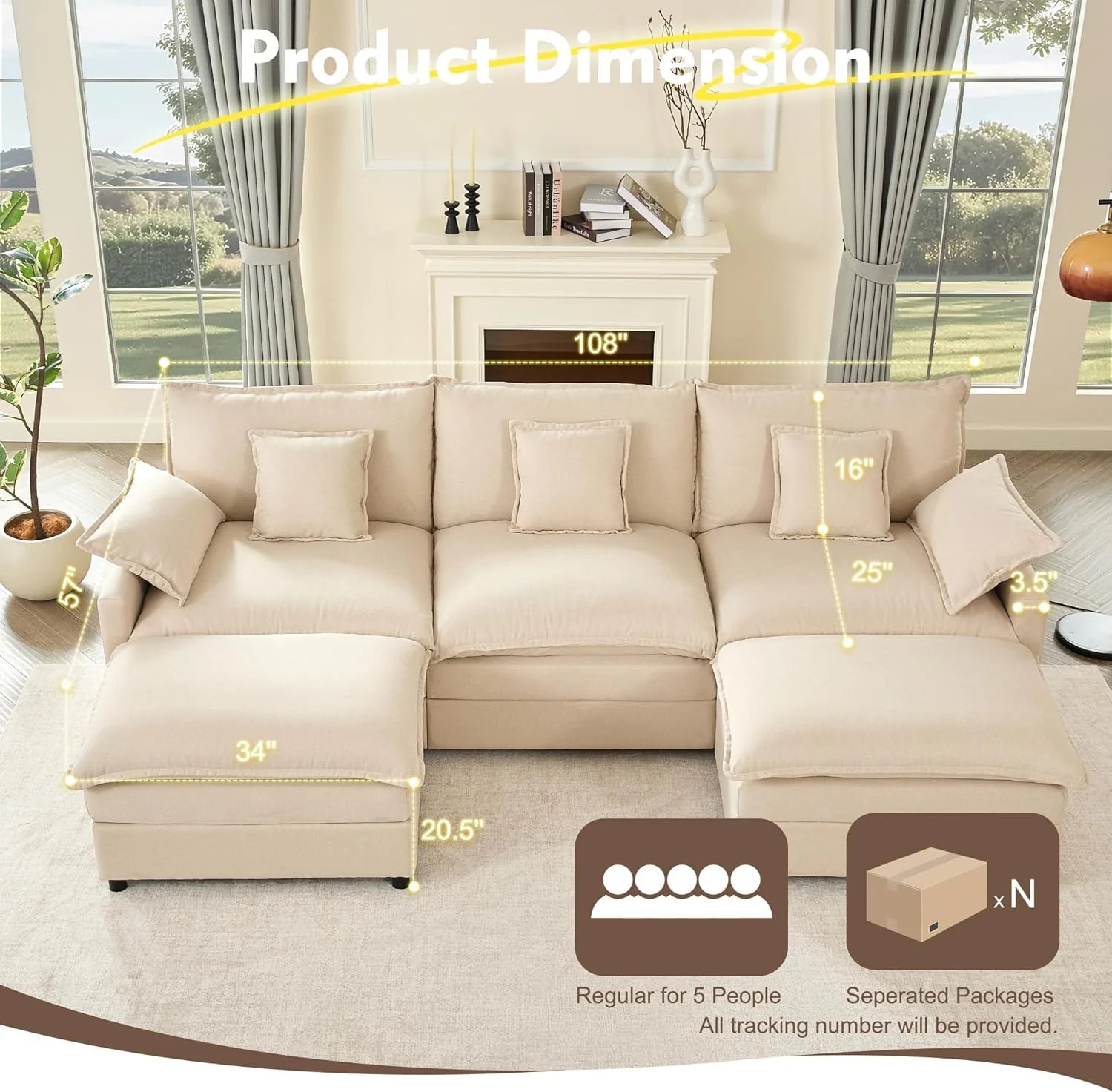 108 U Shaped Couch, Modular Sectional Sofa, 3-Seater Comfy Cloud Couch with Movable Ottoman, Deep Seat Couches for Living Room, Chenille, Slate