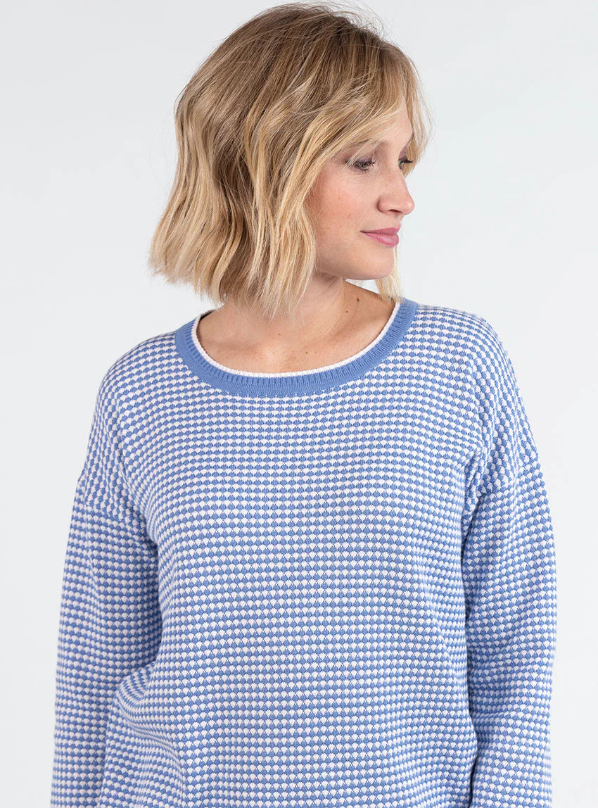 Pull femme bicolore en coton bleu pervenche esprit vichy