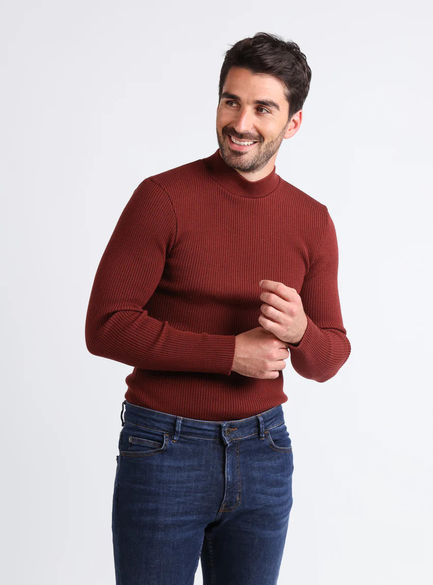 Pull homme 100% laine mérinos rouge terre de sienne