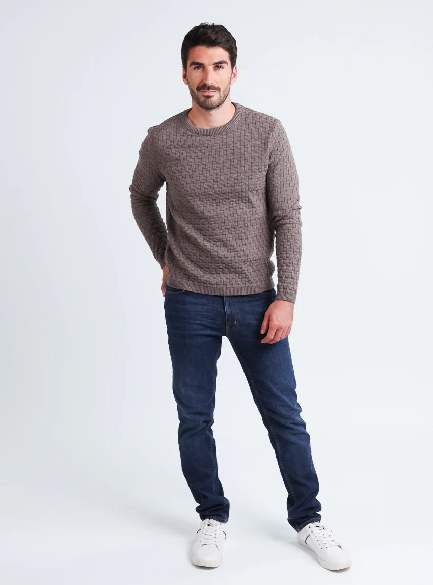 Pull homme damier en laine beige taupe