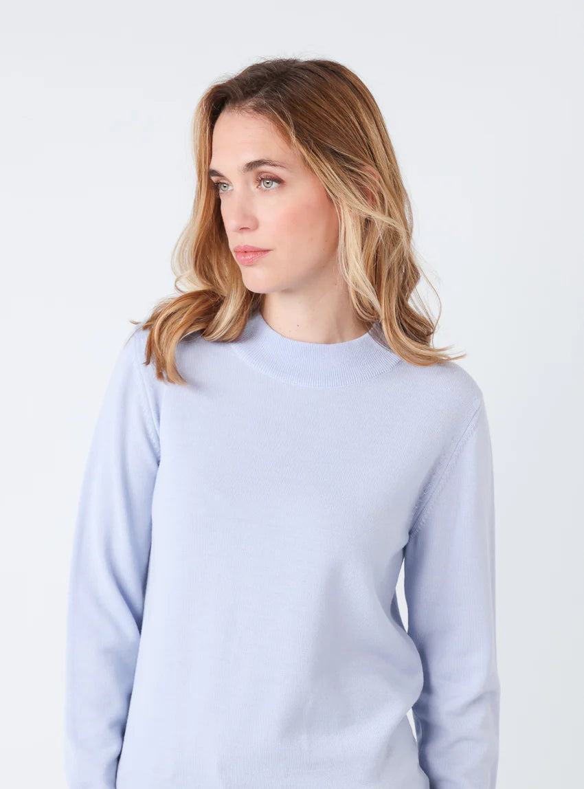 Pull femme col cheminée en laine mérinos Bleu Ciel Léger