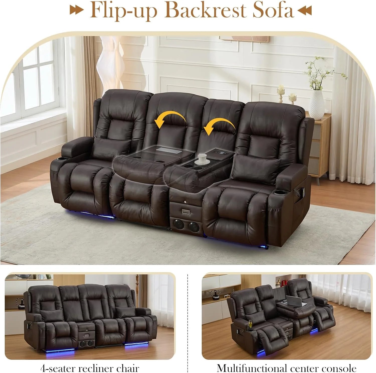 TUNYI Power Loveseat Recliner Sofa with Massage & Heat Home Theater Seating with Console Electric Recliner RV Sofa with USB/Outlet/Storage/Side Pocket/LED Light/Speaker (Brown, Loveseat)