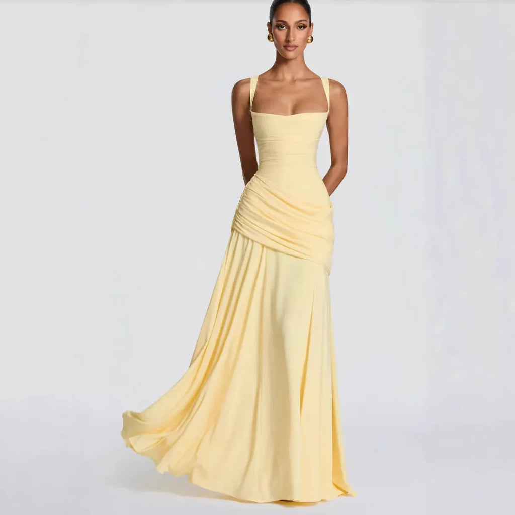Robe Maxi Jaune Drapée Froncée pour Femme