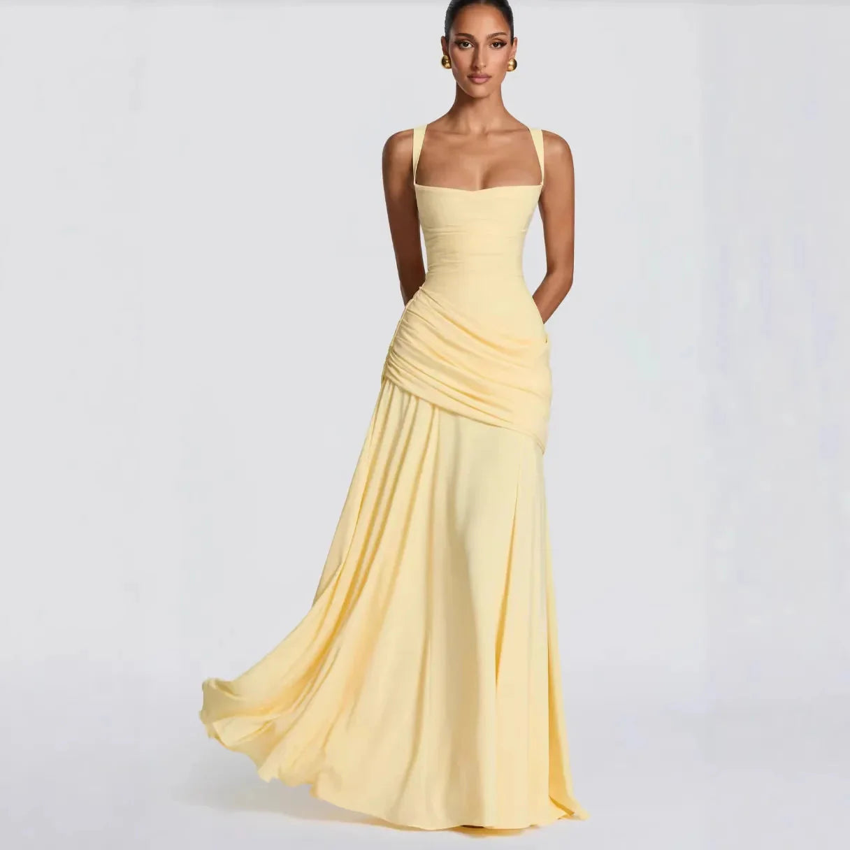 Robe Maxi Jaune Drapée Froncée pour Femme