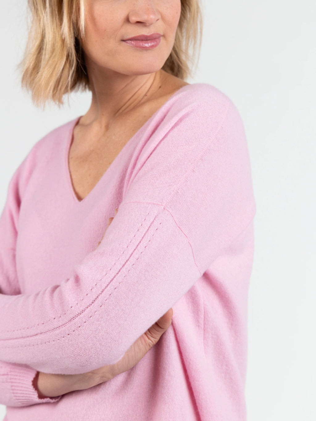 Pull femme col V laine et cachemire rose