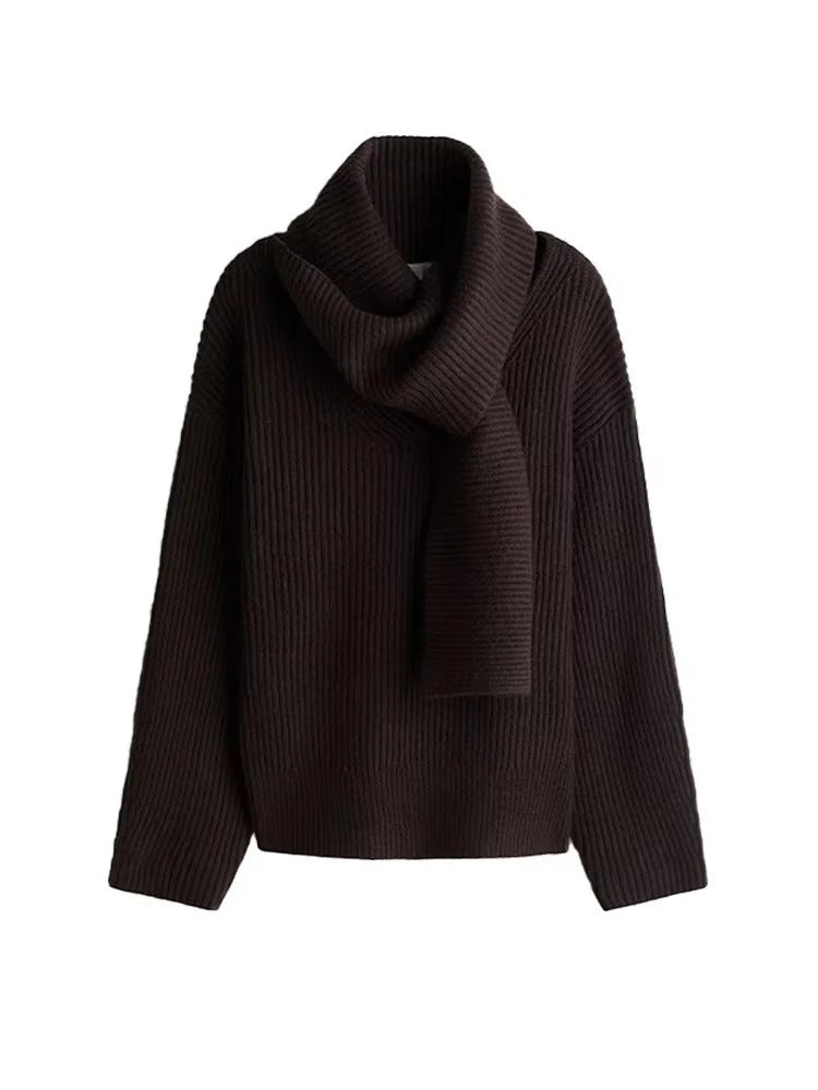 Pull côtelé marron chocolat avec écharpe intégrée