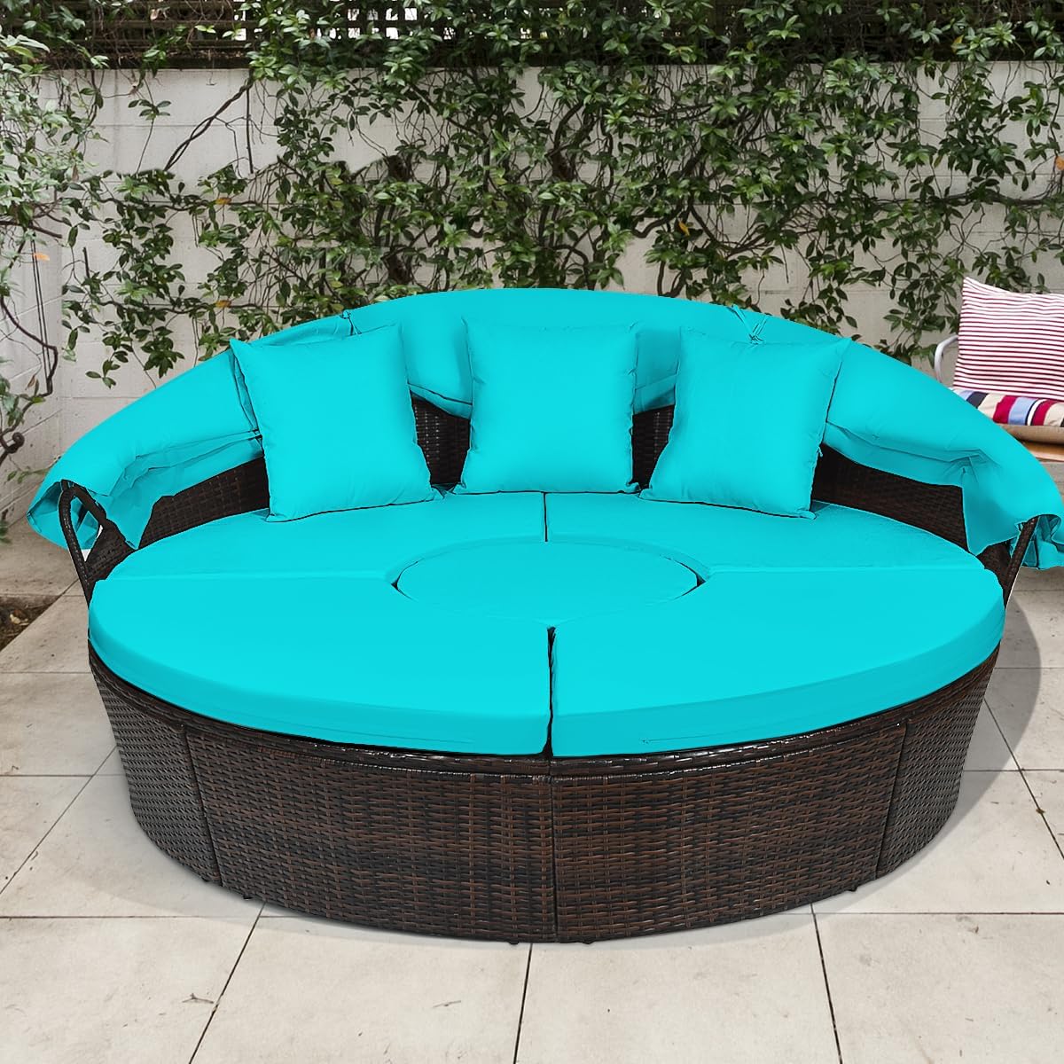 Outdoor daybed, rattan round daybed with sunshade canopy, patio set with cushions and adjustable coffee table, rattan patio furniture, suitable for backyard terraces, porches, and poolside (green color)