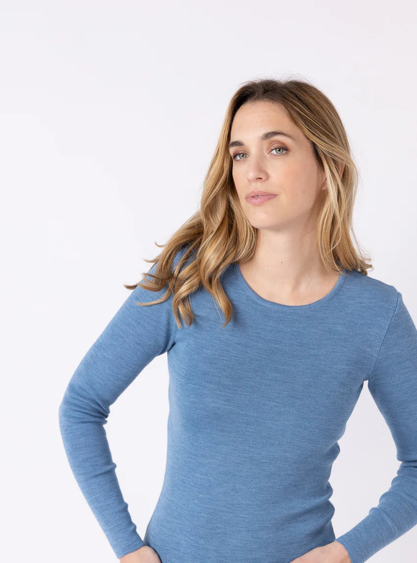 Tee-shirt thermique manches longues femme en laine merinos bleu nordique