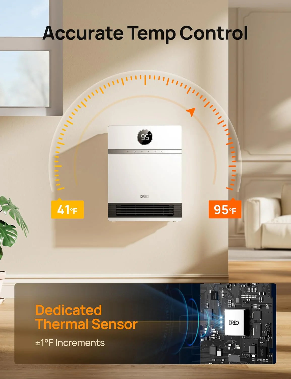Dreo Smart Wall Heater, IP24 Electric PTC Space Heaters for Indoor Use, 30° Oscillation, Adjustable Thermostat, Remote Control, Works with Alexa, 24H Timer, Easy-mounted for Bedroom, Office, Home