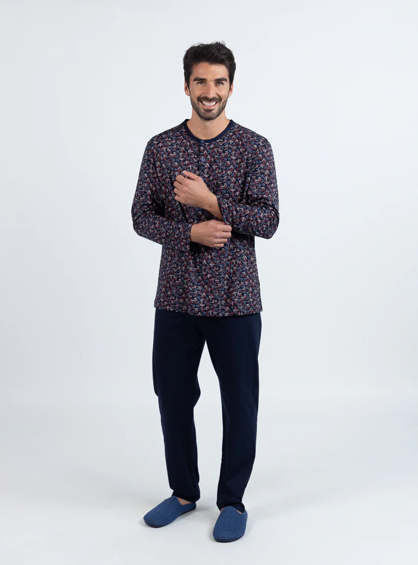 Pyjama homme en coton  imprimé feuilles rouges