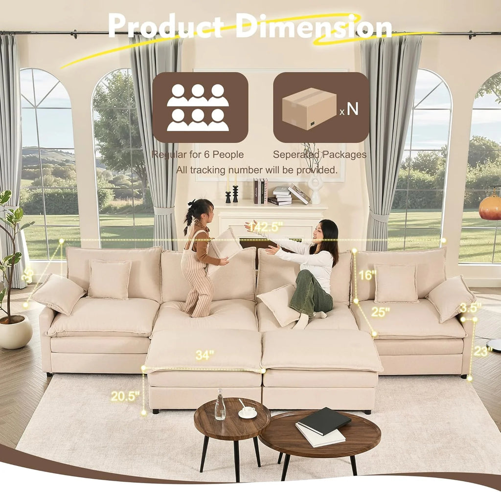 108 U Shaped Couch, Modular Sectional Sofa, 3-Seater Comfy Cloud Couch with Movable Ottoman, Deep Seat Couches for Living Room, Chenille, Slate
