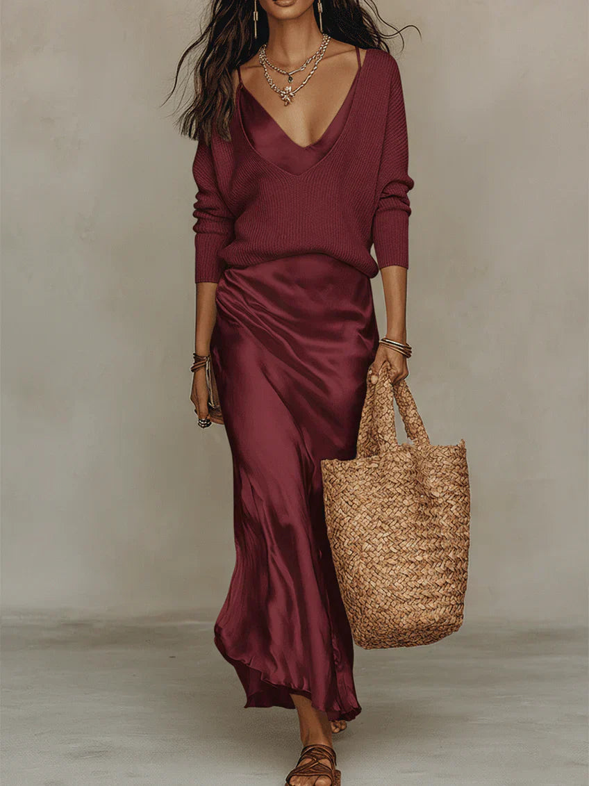 Éléna | Robe midi satinée avec pull inclus