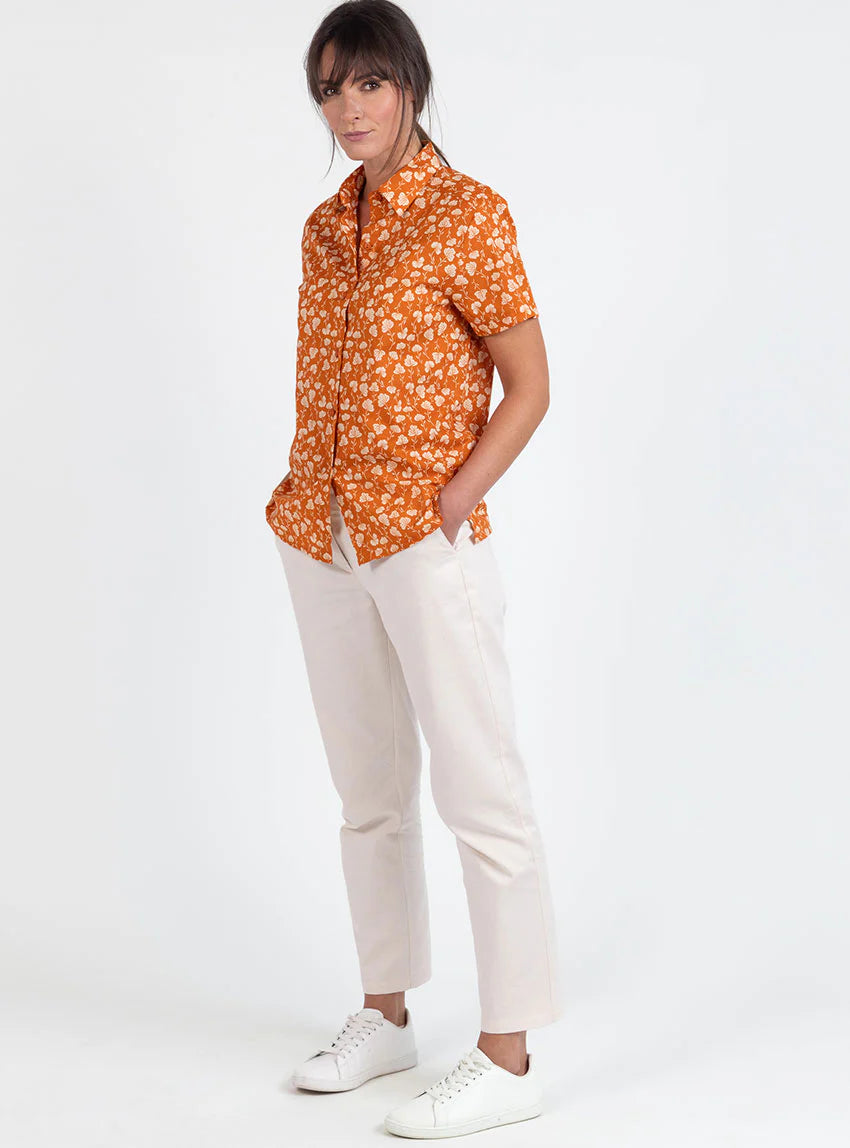 Chemisier en coton rayé imprimé orange ocre