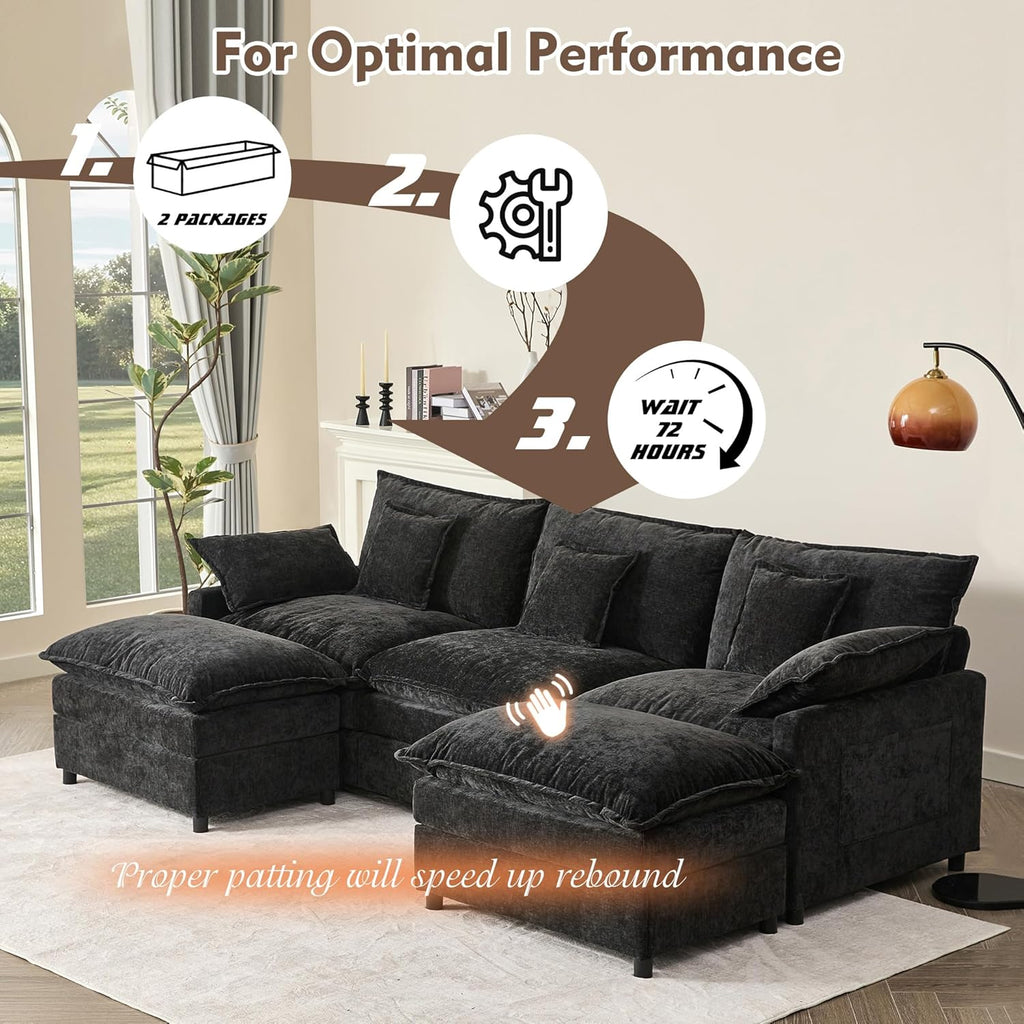 108 U Shaped Couch, Modular Sectional Sofa, 3-Seater Comfy Cloud Couch with Movable Ottoman, Deep Seat Couches for Living Room, Chenille, Slate