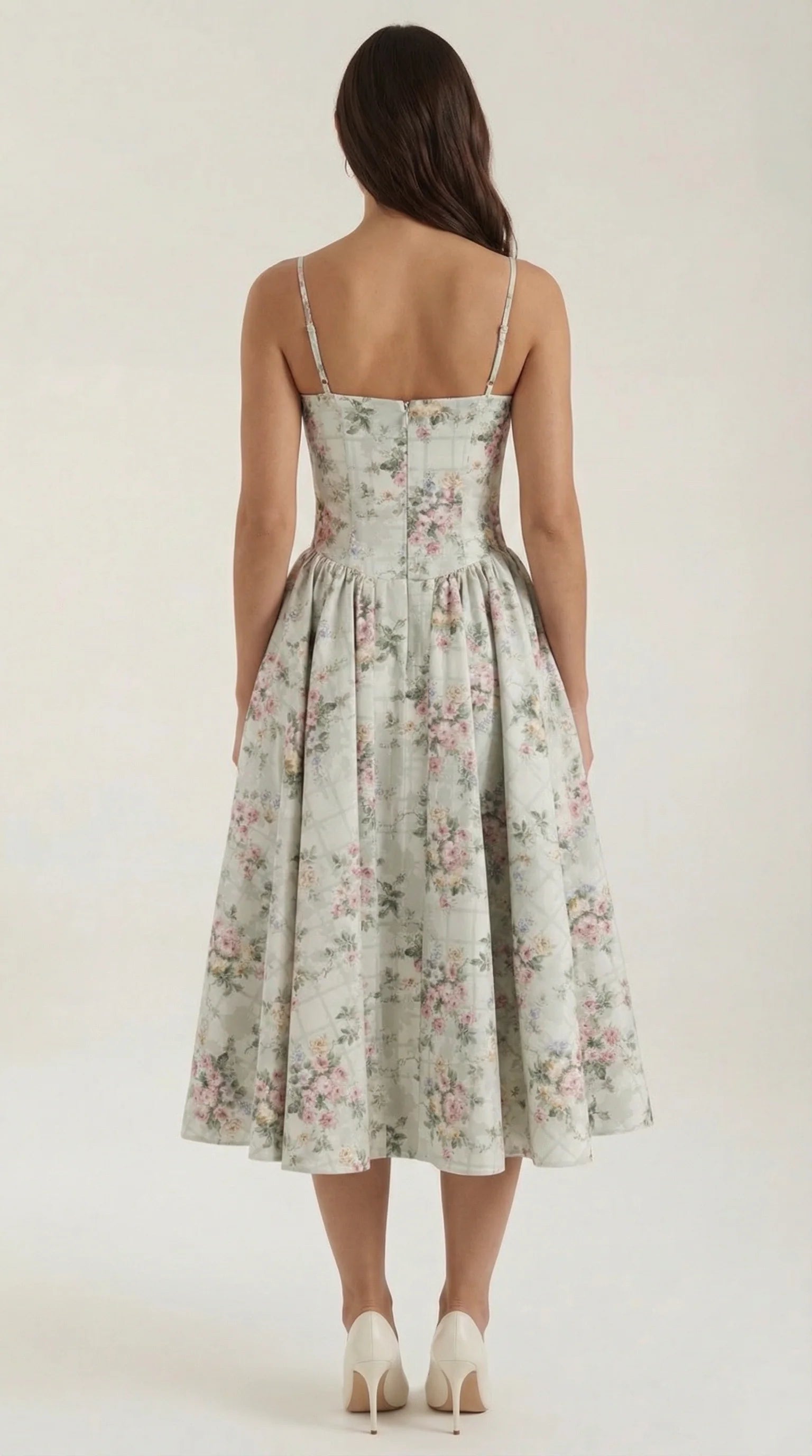 Robe mi-longue corset florale pour femme avec décolleté en cœur