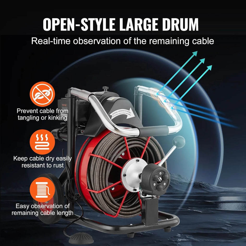 Drain Cleaner Machine 100FT x 1/2 Inch, Auto Feed Sewer Snake Auger on Wheels, 550W Portable Drain Cleaning Machine with 8 Cutters & Air-activated Foot Switch for 2 to 4 Pipes