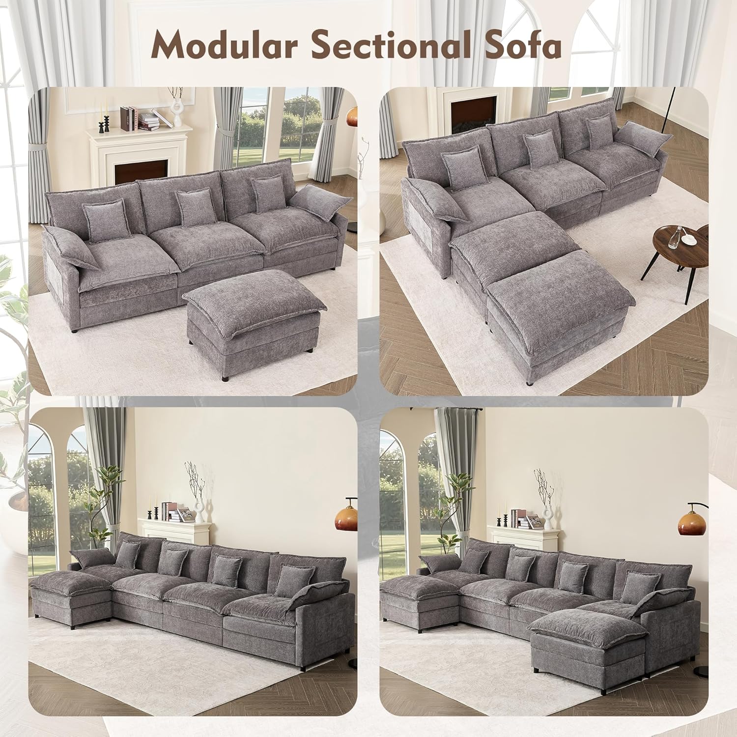 108 U Shaped Couch, Modular Sectional Sofa, 3-Seater Comfy Cloud Couch with Movable Ottoman, Deep Seat Couches for Living Room, Chenille, Slate