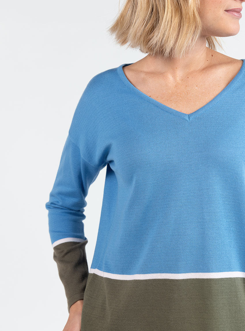 Pull femme col V coton bleu pacifique