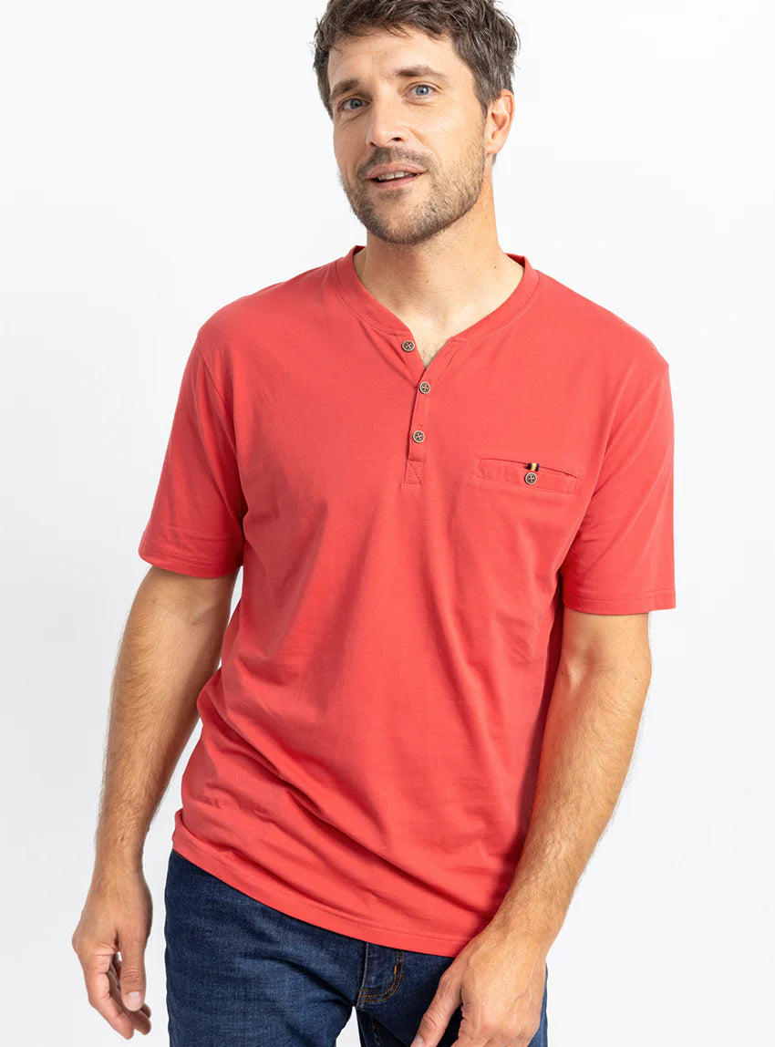 Tee-shirt homme en coton peigné col tunisien rouge tendre