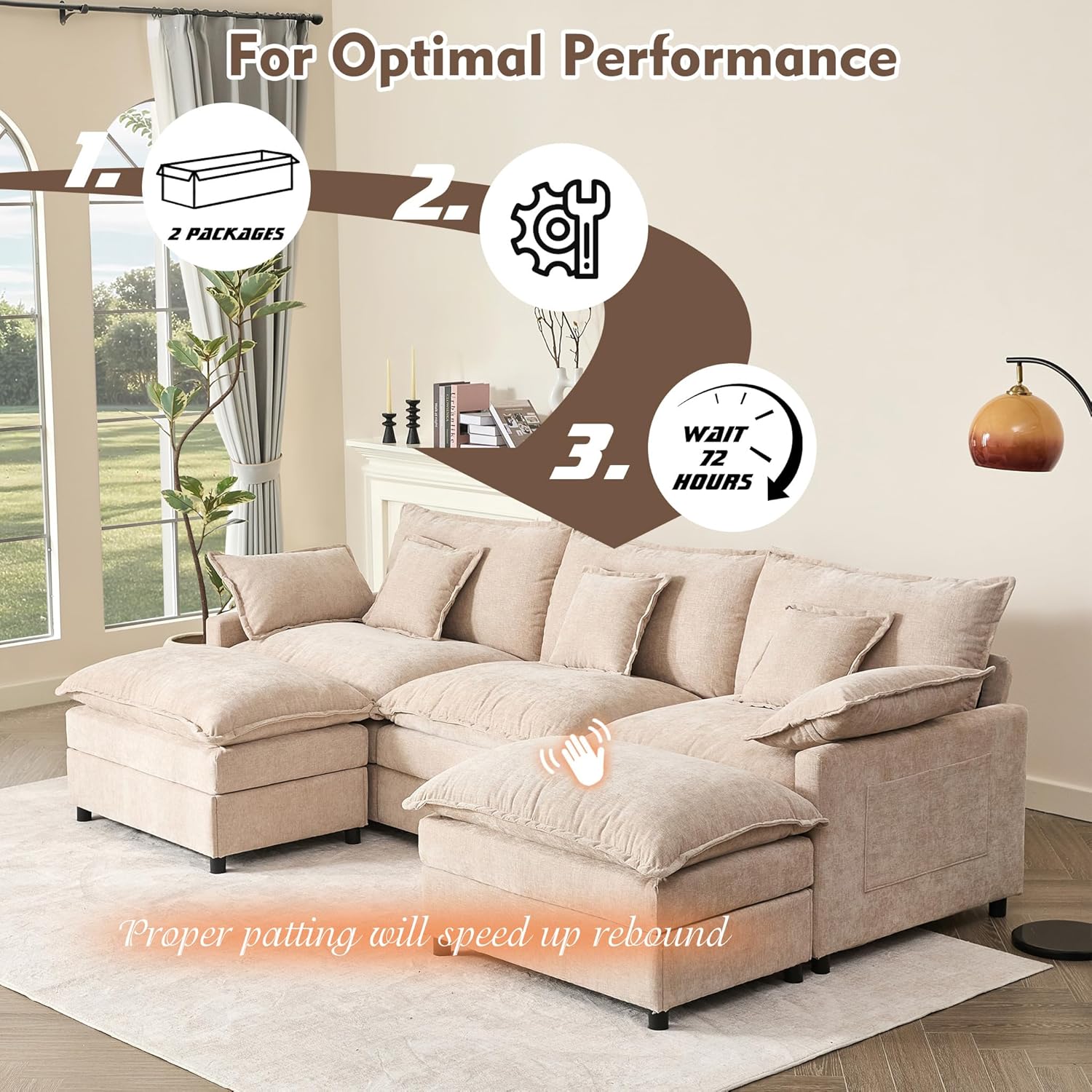 108 U Shaped Couch, Modular Sectional Sofa, 3-Seater Comfy Cloud Couch with Movable Ottoman, Deep Seat Couches for Living Room, Chenille, Slate
