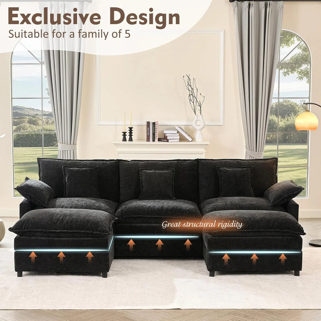 108 U Shaped Couch, Modular Sectional Sofa, 3-Seater Comfy Cloud Couch with Movable Ottoman, Deep Seat Couches for Living Room, Chenille, Slate
