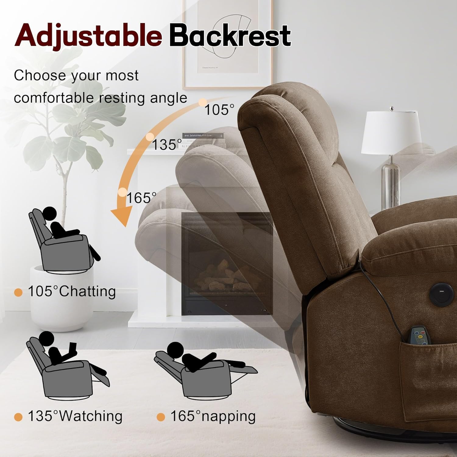 Rocker Recliner, Glider Recliner Chairs for Adults, 360° Swivel Rocking Chair with Massage and Heating, Nursery Chair with Storage and USB Charging for Living Room, Bedroom, Nursery