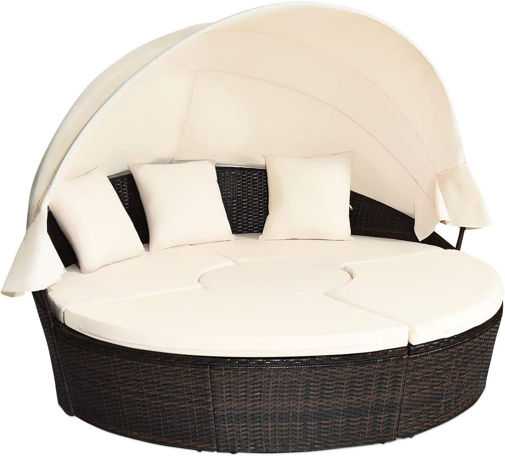 Outdoor daybed, rattan round daybed with sunshade canopy, patio set with cushions and adjustable coffee table, rattan patio furniture, suitable for backyard terraces, porches, and poolside (green color)
