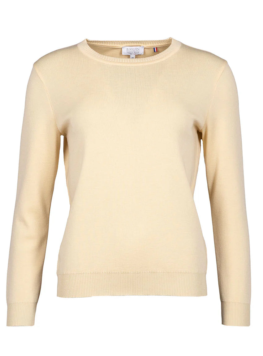 Pull femme en laine mérinos col rond jaune léger