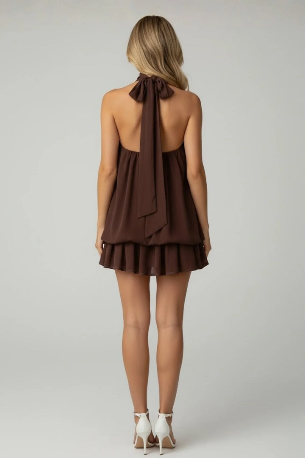 Robe mini sans manches à col licou pour femme avec ourlet à double volant