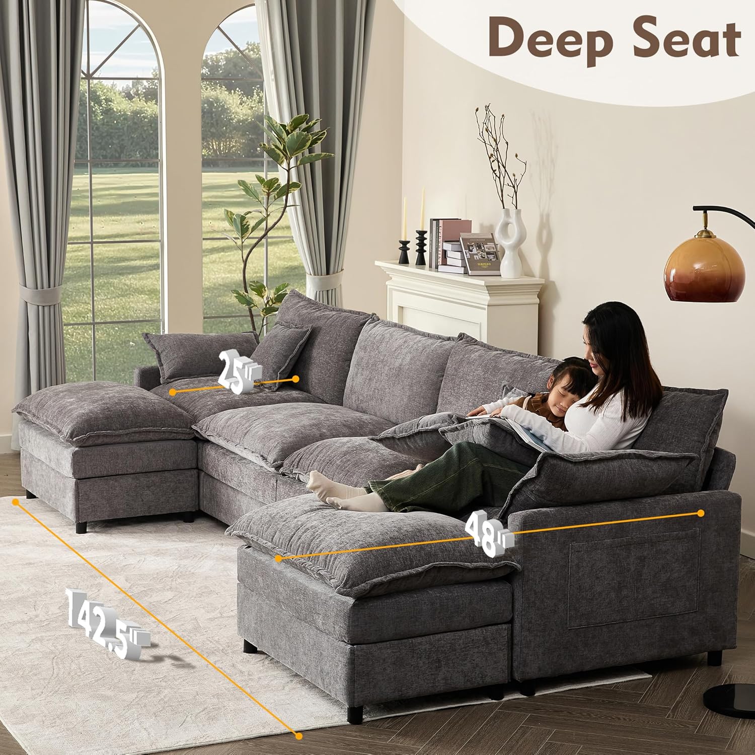 108 U Shaped Couch, Modular Sectional Sofa, 3-Seater Comfy Cloud Couch with Movable Ottoman, Deep Seat Couches for Living Room, Chenille, Slate