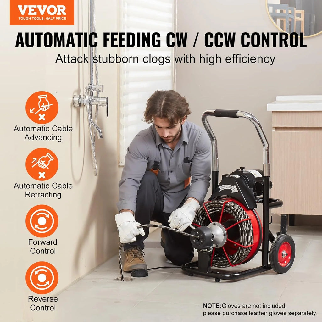 Drain Cleaner Machine 100FT x 1/2 Inch, Auto Feed Sewer Snake Auger on Wheels, 550W Portable Drain Cleaning Machine with 8 Cutters & Air-activated Foot Switch for 2 to 4 Pipes