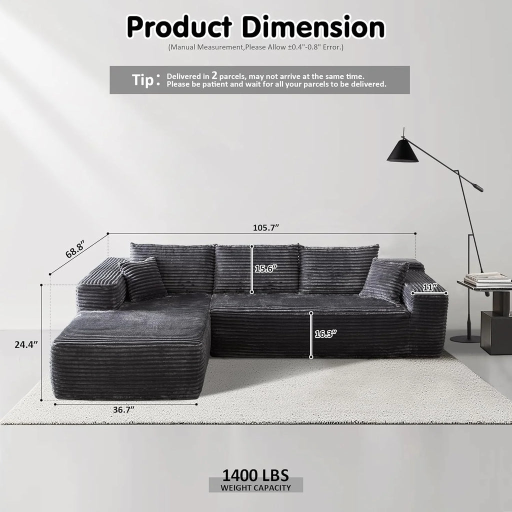 ovios 104 Cloud Sectional Couch with L-Shape Chaise,Modern Modular Sofa with Deep Seat, Upholstered Couches for Living Room Bedroom,No Assembly Required, Grey (Plush Corduroy Fabric)