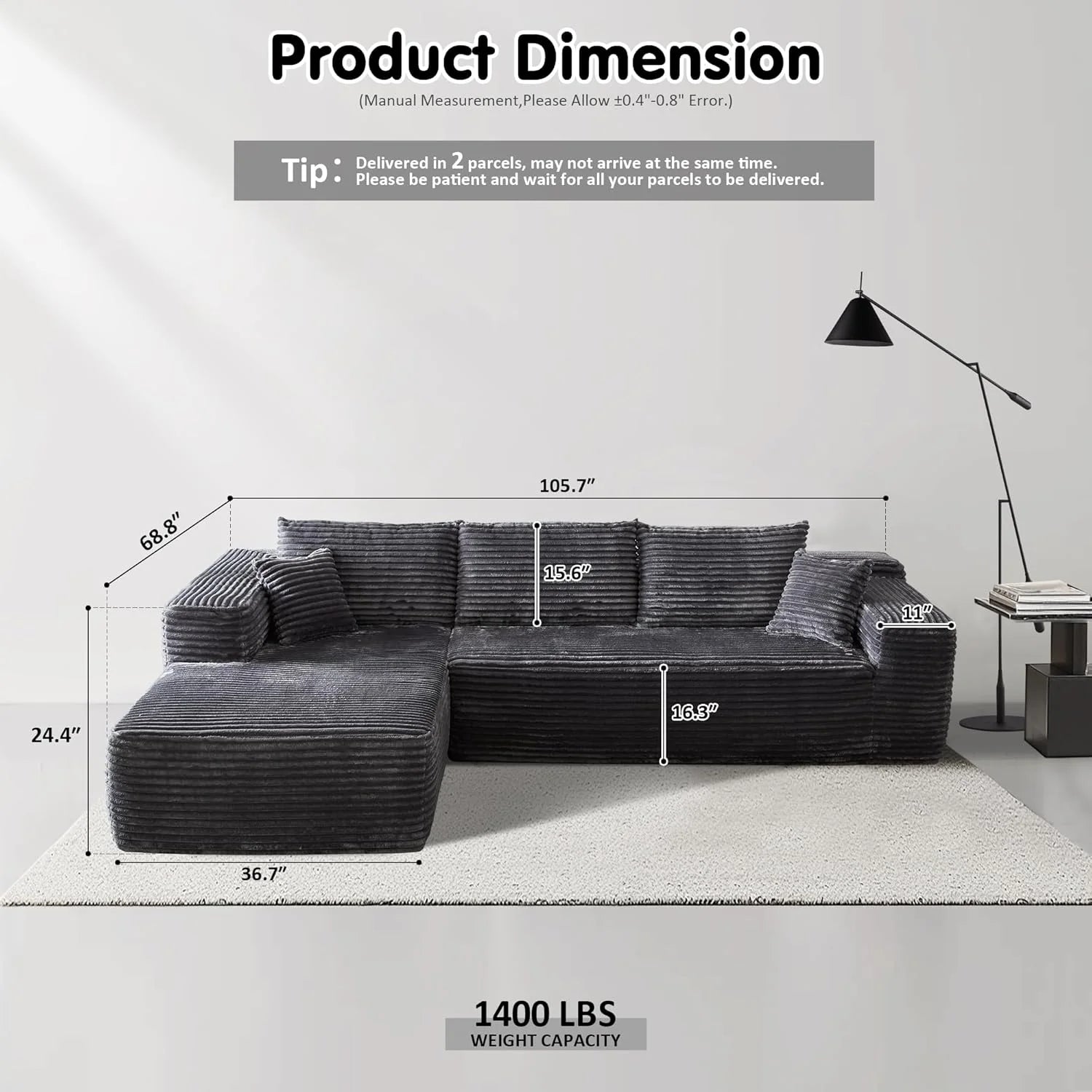 ovios 104 Cloud Sectional Couch with L-Shape Chaise,Modern Modular Sofa with Deep Seat, Upholstered Couches for Living Room Bedroom,No Assembly Required, Grey (Plush Corduroy Fabric)