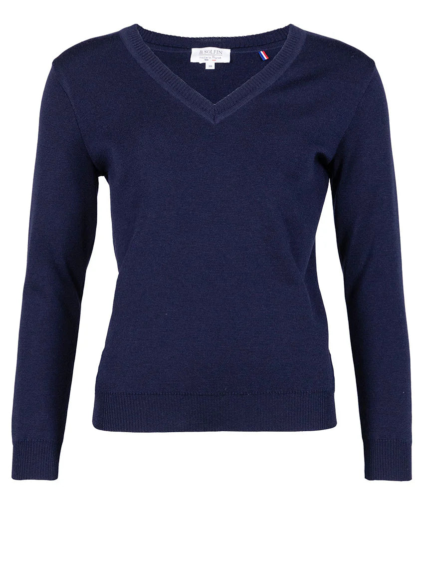 Pull femme col V en laine bleu marine