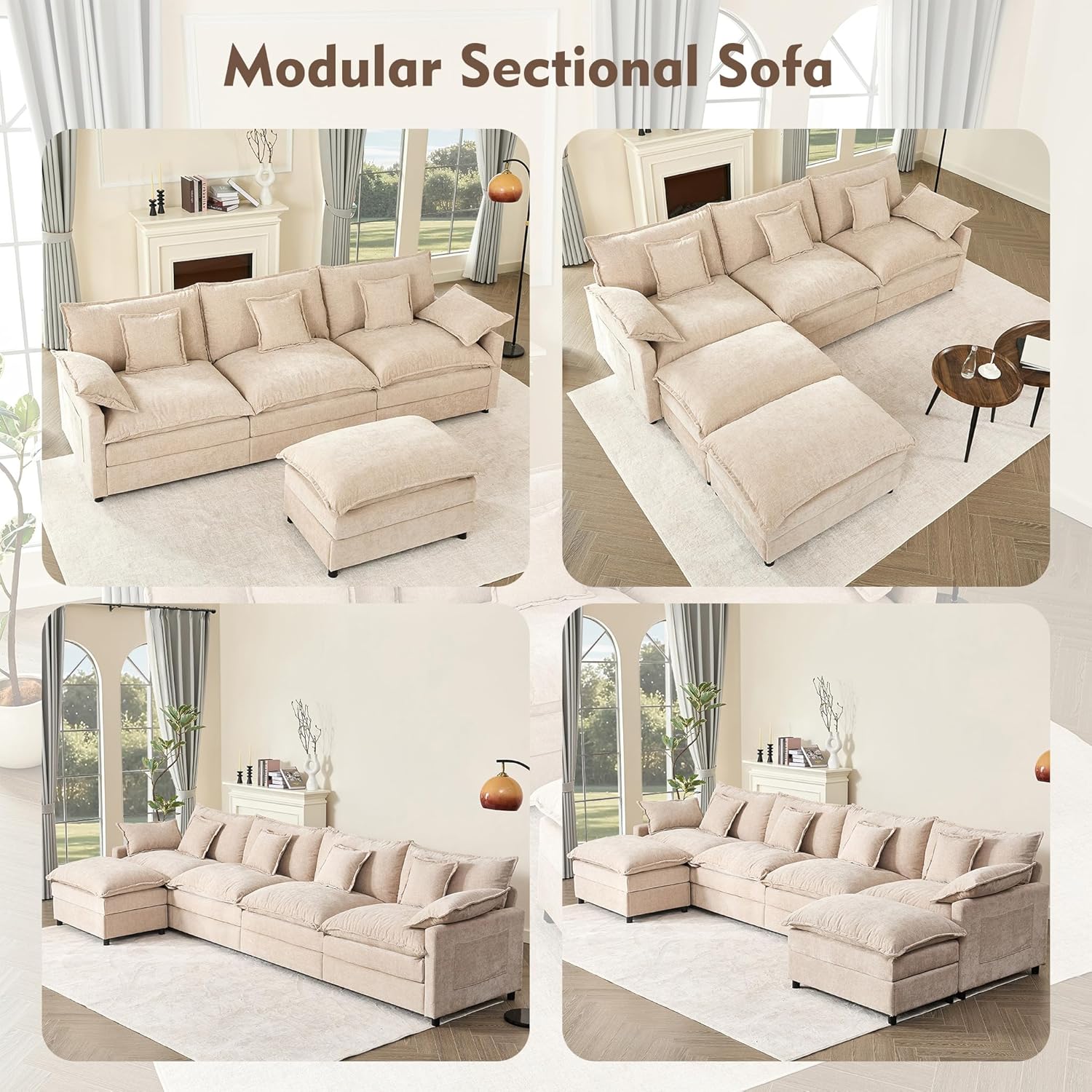 108 U Shaped Couch, Modular Sectional Sofa, 3-Seater Comfy Cloud Couch with Movable Ottoman, Deep Seat Couches for Living Room, Chenille, Slate