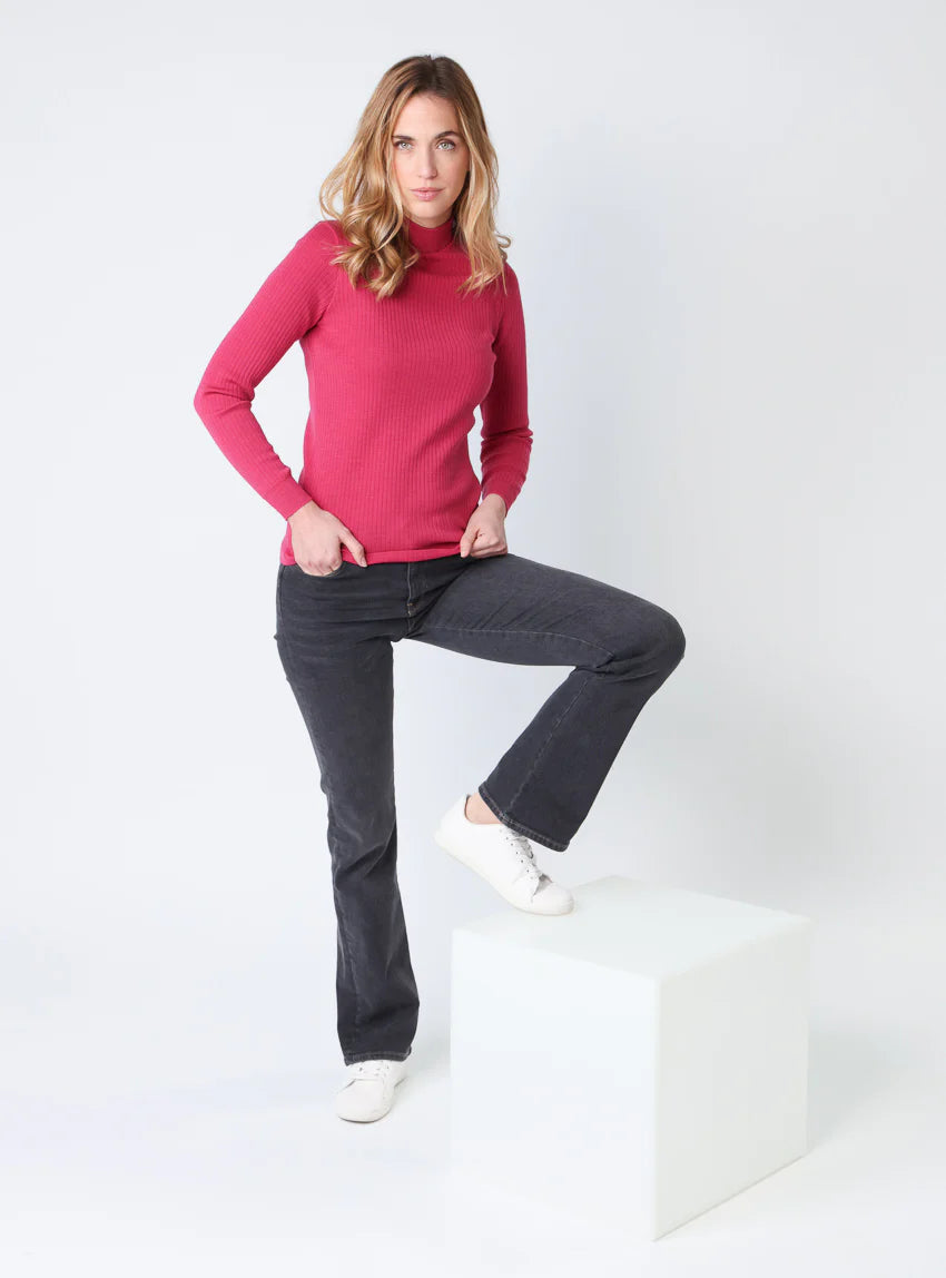 Pull chaussette femme col cheminee laine mérinos Rose géranium